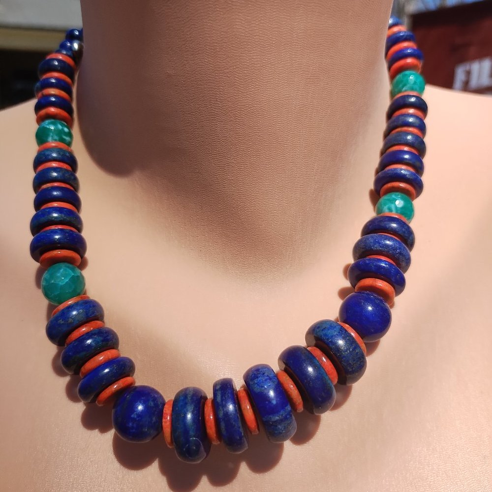 Jay King DTR mine finds Lapis Coral Spider Agate statement necklace 925 Sterling